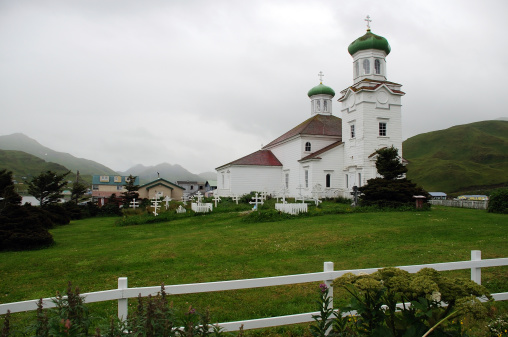 View from the shore of the Russian Orthodox Church in Dutch Harbor, Unalaska Island, Alaska.