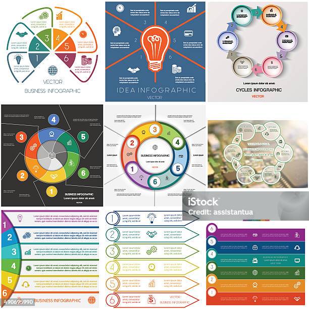 Set 9 Templates Infographics Cyclic Processes For Six Positions Stock Illustration - Download Image Now