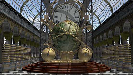 A time machine in victorian style. an image of a world globe and clock in a baroque wrought interior.