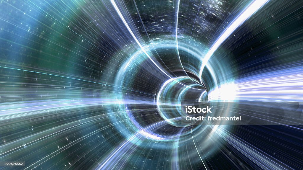 Wormhole tunnel An image of a wormhole. The futuristic tunnel has a bright light at the end. Black Hole - Space Stock Photo