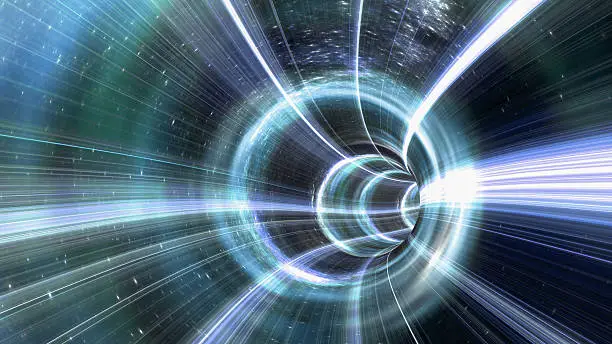 An image of a wormhole. The futuristic tunnel has a bright light at the end.