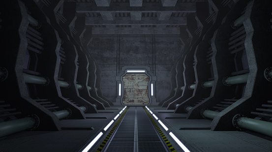 An image of a science fiction and futuristic corridor with abandoned rusty interior. At the end of the tunnel are mechanical doors with a scratched metal texture.