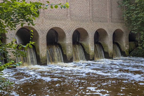 Water streaming through the Famous Sluice house or schuivenhuisje at Almelo Nordhorn Canal in Twente