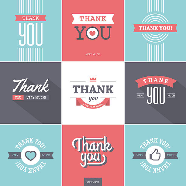 Colorful Thank you Cards Set of creative minimalistic colorful thank you designs with ribbons, long shadow, heart shape and thumb up like icon for cards, stickers, tags, labels, emblems, etc. thank you phrase stock illustrations