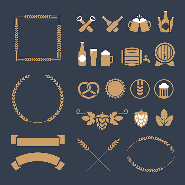 Beer icons and signs Set of ocher beer icons, signs and design elements for banner, poster, label or emblem design. Isolated on dark blue background oktoberfest stock illustrations