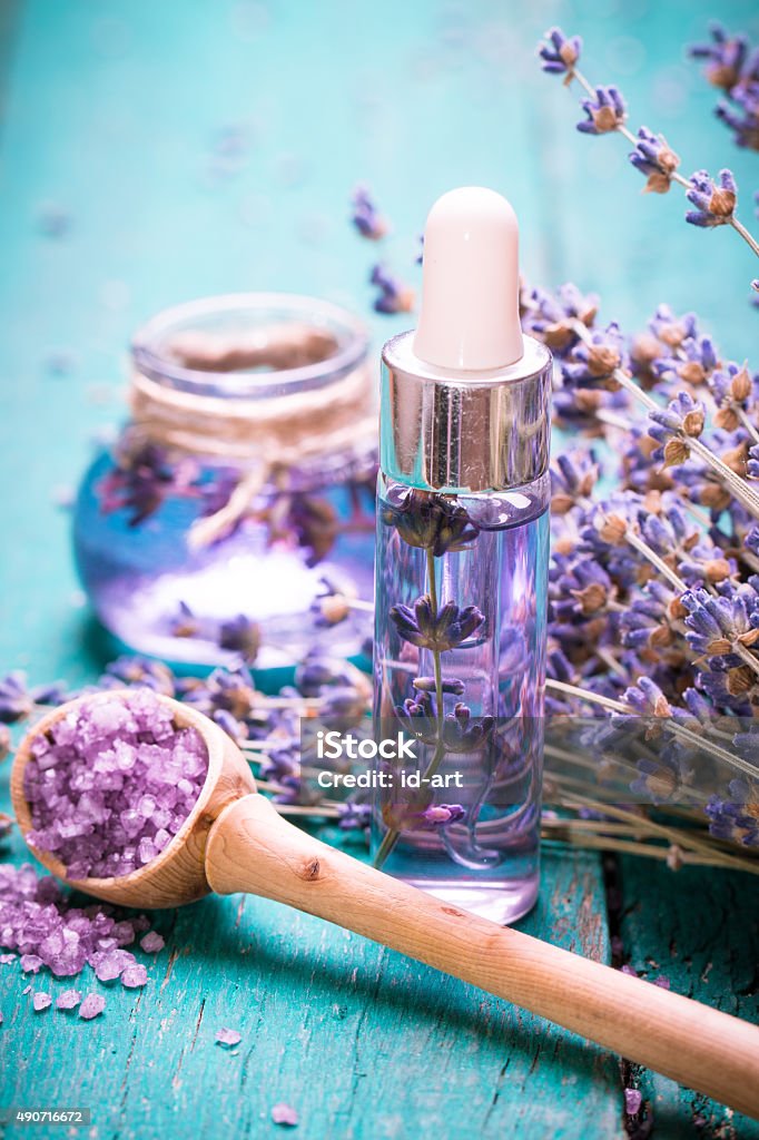 lavender flower,oil,salt, spa beauty concept. wood old background. 2015 Stock Photo
