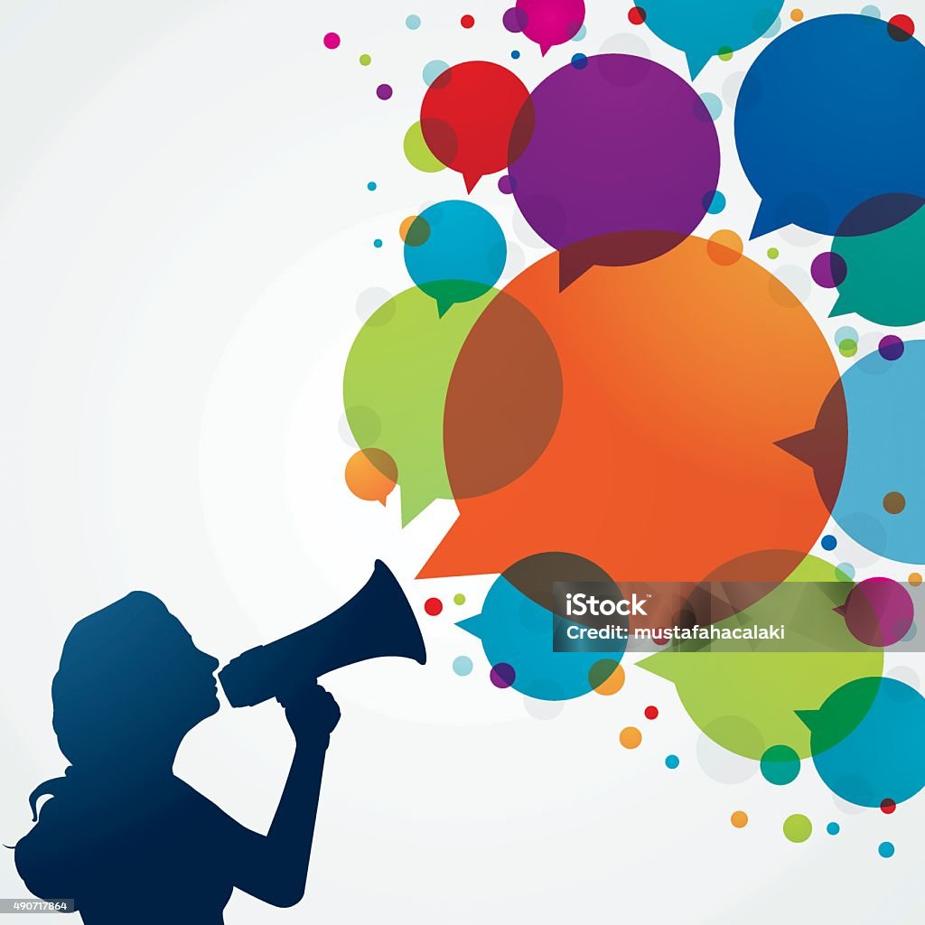 Woman with megaphone and speech bubbles Woman with megaphone and big colourful speech bubbles. Eps10. Contains transparent objects.  Talking stock vector