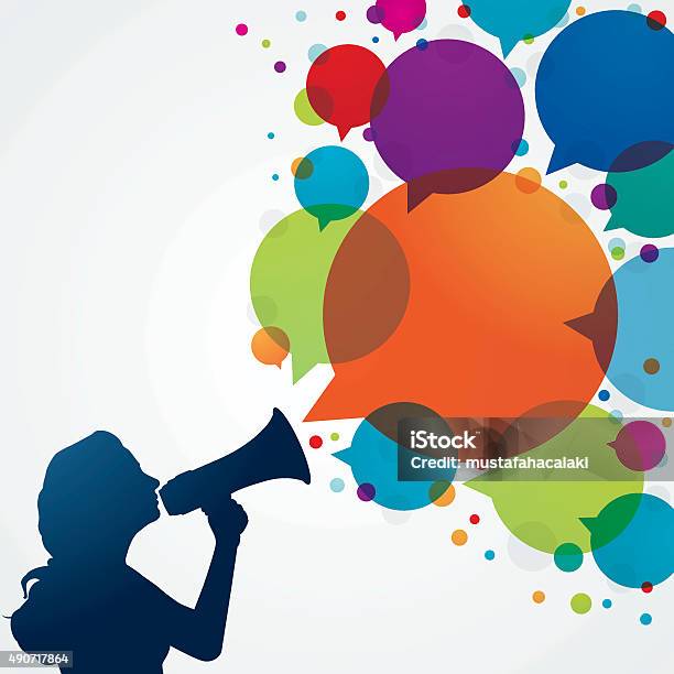 Woman With Megaphone And Speech Bubbles Stock Illustration - Download Image Now - Talking, Megaphone, Discussion