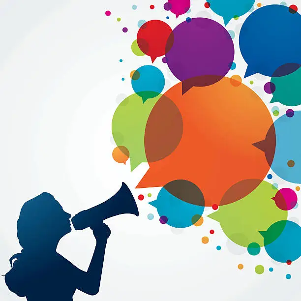 Vector illustration of Woman with megaphone and speech bubbles