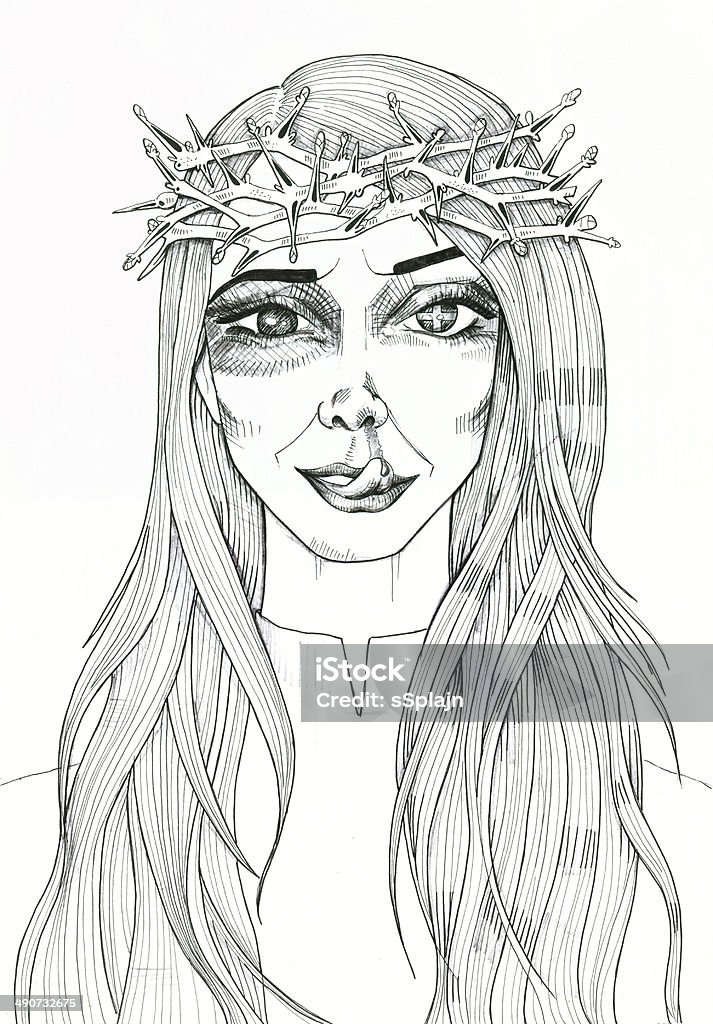 Retrato de uma linda menina com coroa de espinhos exuberante - Ilustração de Adulto royalty-free