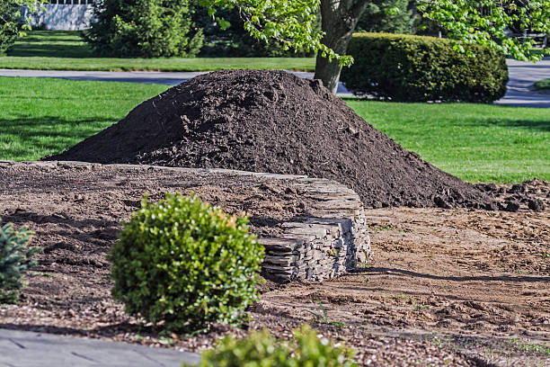Pile of New Landscaping Topsoil A large pile of landscaping topsoil dirt has just been delivered early in the morning to this residential home addition construction site. The dirt was dumped near a newly built slate rock garden wall, and recently planted shrubs and bushes. topsoil stock pictures, royalty-free photos & images