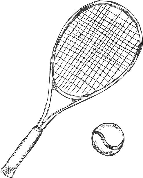 illustrazioni stock, clip art, cartoni animati e icone di tendenza di vettore schizzo racchetta da tennis e palla - tennis silhouette tennis racket tennis ball