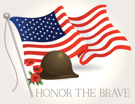 American flag, soldier's helmet and poppies in a Memorial Day or Veteran's Day theme.