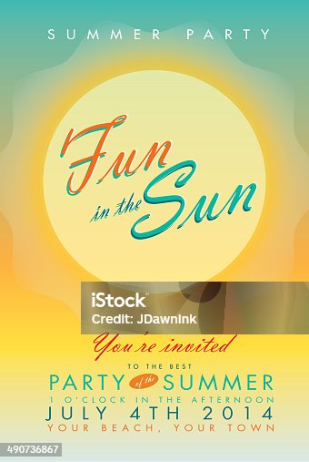 istock Retro Beach with sun and text party template invitation design 490736867