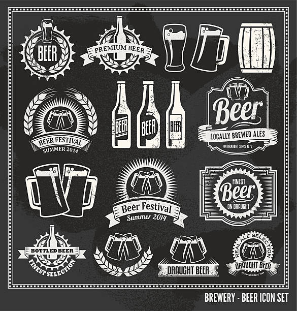 Chalkboard Beer Icon Vector Design Set - blackboard Chalkboard Beer Icon Set - labels, posters, signs, banners, vector design symbols beer garden stock illustrations