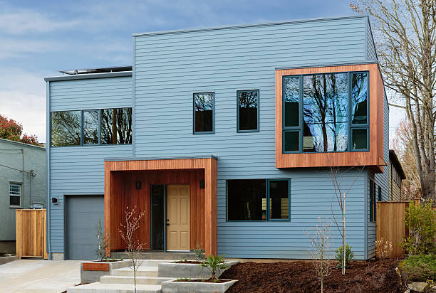 Horizonal shot of a modern, upscale home with blue sky