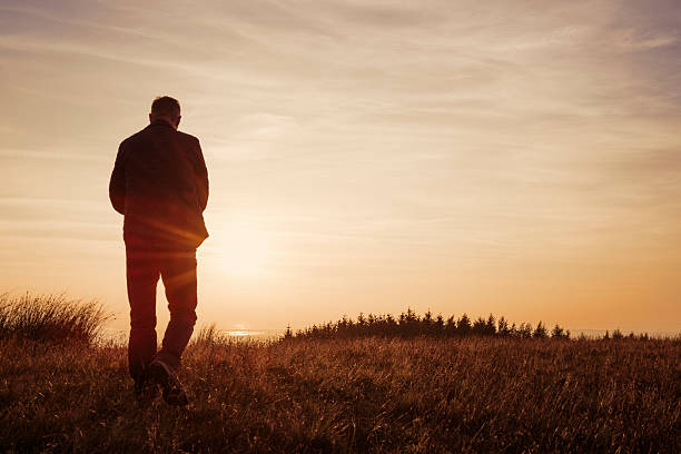 istock Man walking in the countryside looking at the sunset 490752078