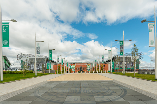 Glasgow, Scotland - September 01, 2015: Exterior view of the South Stand at Celtic Park home of Glasgow Celtic Football Club.  Celtic Park is the largest football stadium in Scotland.