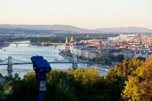 Look-out point at Citadella in Budapest with Hungarian Parliament Building and the Chain Bridge.