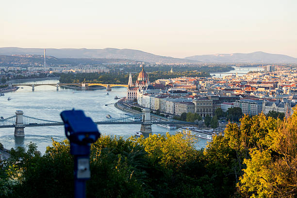 Look-out point at Citadella in Budapest Look-out point at Citadella in Budapest with Hungarian Parliament Building and the Chain Bridge. margitsziget stock pictures, royalty-free photos & images