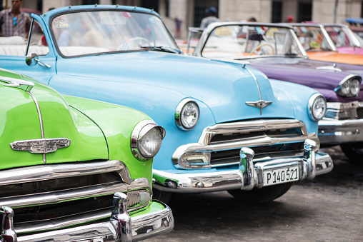 Havana, Cuba - September 22, 2015: Classic american car parked on street of Old Havana,Cuba. Classic American cars are typical landmark and attraction for whole Cuban island.