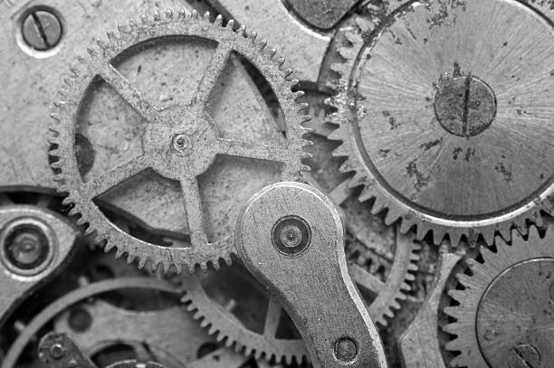 istock Black-and-white Metal Cogwheels in Oldest Clockwork, Macro. 490755074