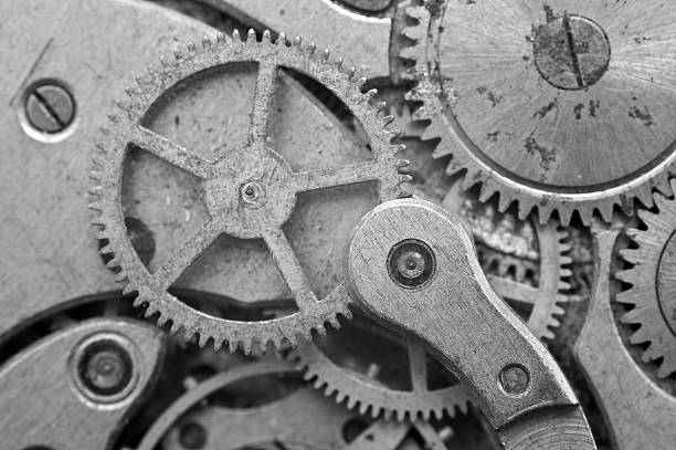 istock Black-and-white Metal Cogwheels in Oldest Clockwork, Macro. 490755248