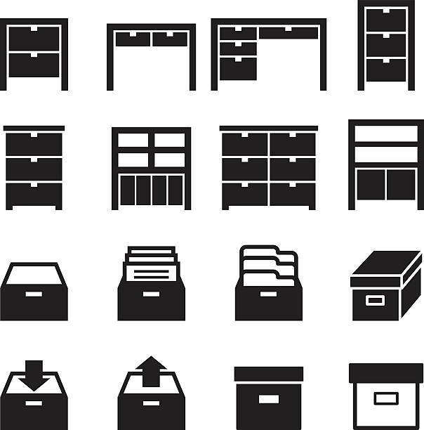 ilustraciones, imágenes clip art, dibujos animados e iconos de stock de armario de almacenamiento & conjunto de iconos - filing cabinet cabinet archives drawer