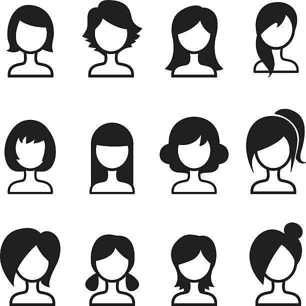женщина волос стиль набор иконок - beauty teenage girls women in a row stock illustrations
