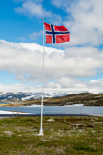 Norwegian flag on flagpole near the famous Hardangervidda plateau in western part of Norway.