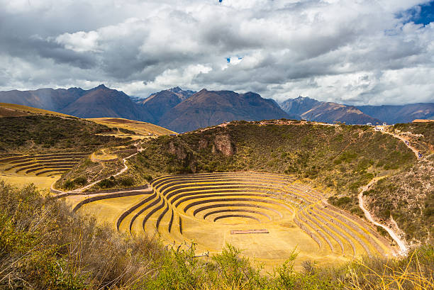 concêntrico terraces na costa moray, sagrada vale, peru - valley wall imagens e fotografias de stock