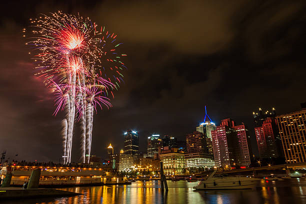 istock Pittsburgh, PA river view skyline at night with colorful firewor 490772287