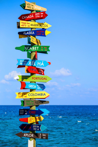 Funny direction signpost with distance to many different countries on Mexican coastline