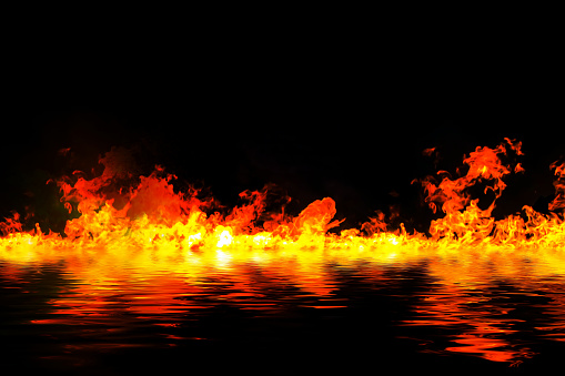 awesome fire flames with water reflection, on a black background.