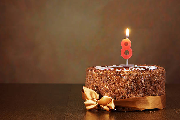 istock Birthday chocolate cake with burning candle as a number eight 490784070