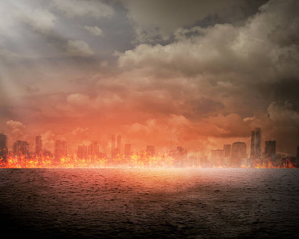 Burning city Burning city. Disaster concept. You can put your design on the city apocalypse fire stock pictures, royalty-free photos & images