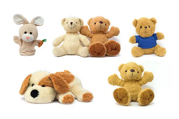 Colorful Doll and Toys Collection teddy bear,plush toy dog and rabbit sock puppet isolated on white background