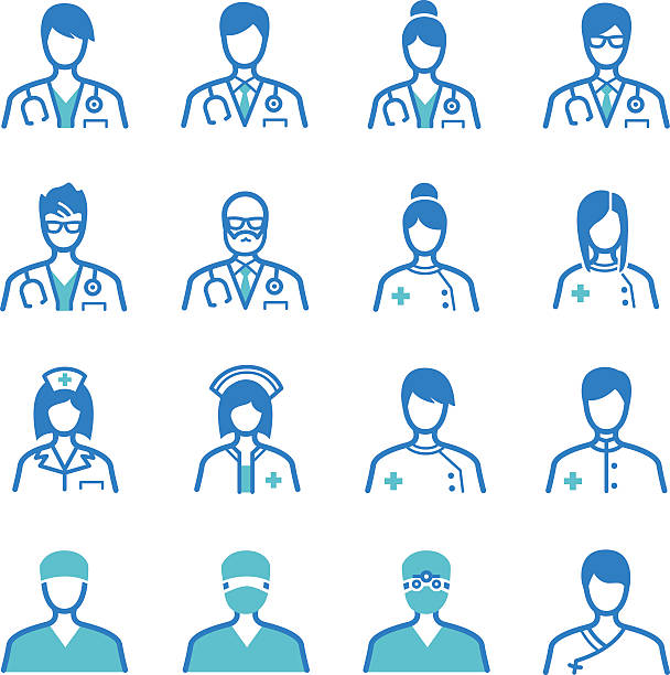 ilustraciones, imágenes clip art, dibujos animados e iconos de stock de conjunto de iconos médica personal - doctor healthcare and medicine nurse team