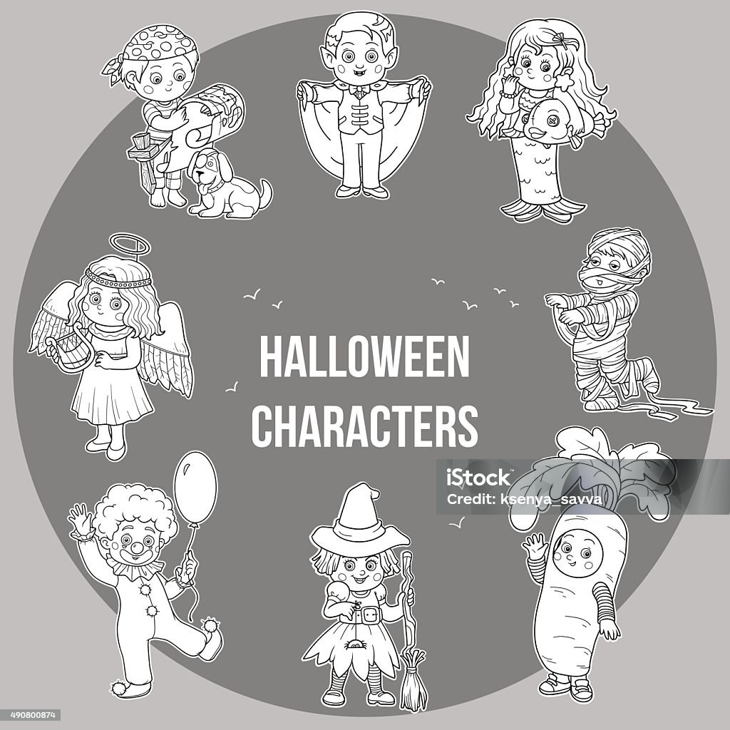 Vector set of Halloween cute characters, cartoon collection Vector set of Halloween cute characters, colorless cartoon collection, stickers with children in carnival costumes 2015 stock vector