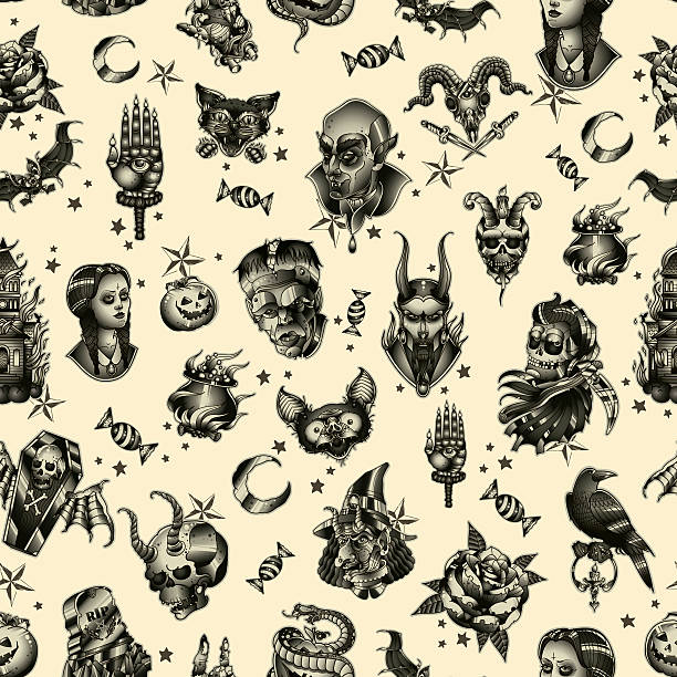 Halloween seamless pattern Halloween seamless pattern. Gradient _ eps10 tattoo seamless texture stock illustrations