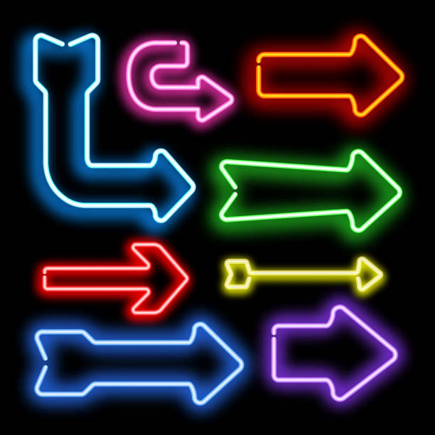 ilustraciones, imágenes clip art, dibujos animados e iconos de stock de vector de flechas de luz de neón - color neón