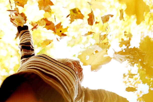 istock Woman drop up autumn leaves 490819178