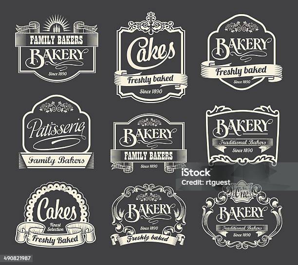 Vintage Chalkboard Bakery Labels And Ribbons Stock Illustration - Download Image Now - Arts Culture and Entertainment, Badge, Baked