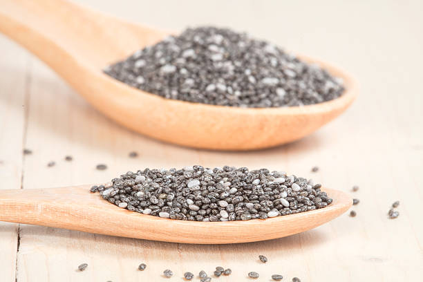 istock Nutritious chia seeds in  wooden spoon on wood table 490822624