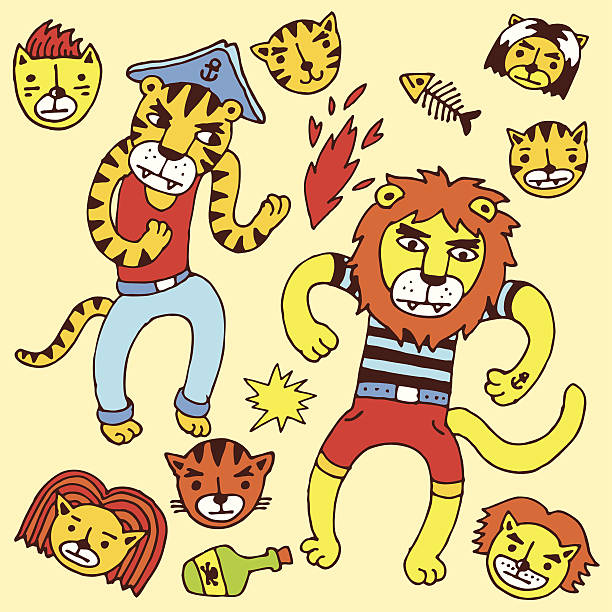 illustrazioni stock, clip art, cartoni animati e icone di tendenza di leone e tiger pirates.  illustrazione vettoriale. - dead body