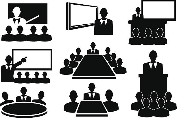 Business Meeting Icon Set Conceptual vector illustration. Black and white icons for business meeting. shareholders meeting stock illustrations