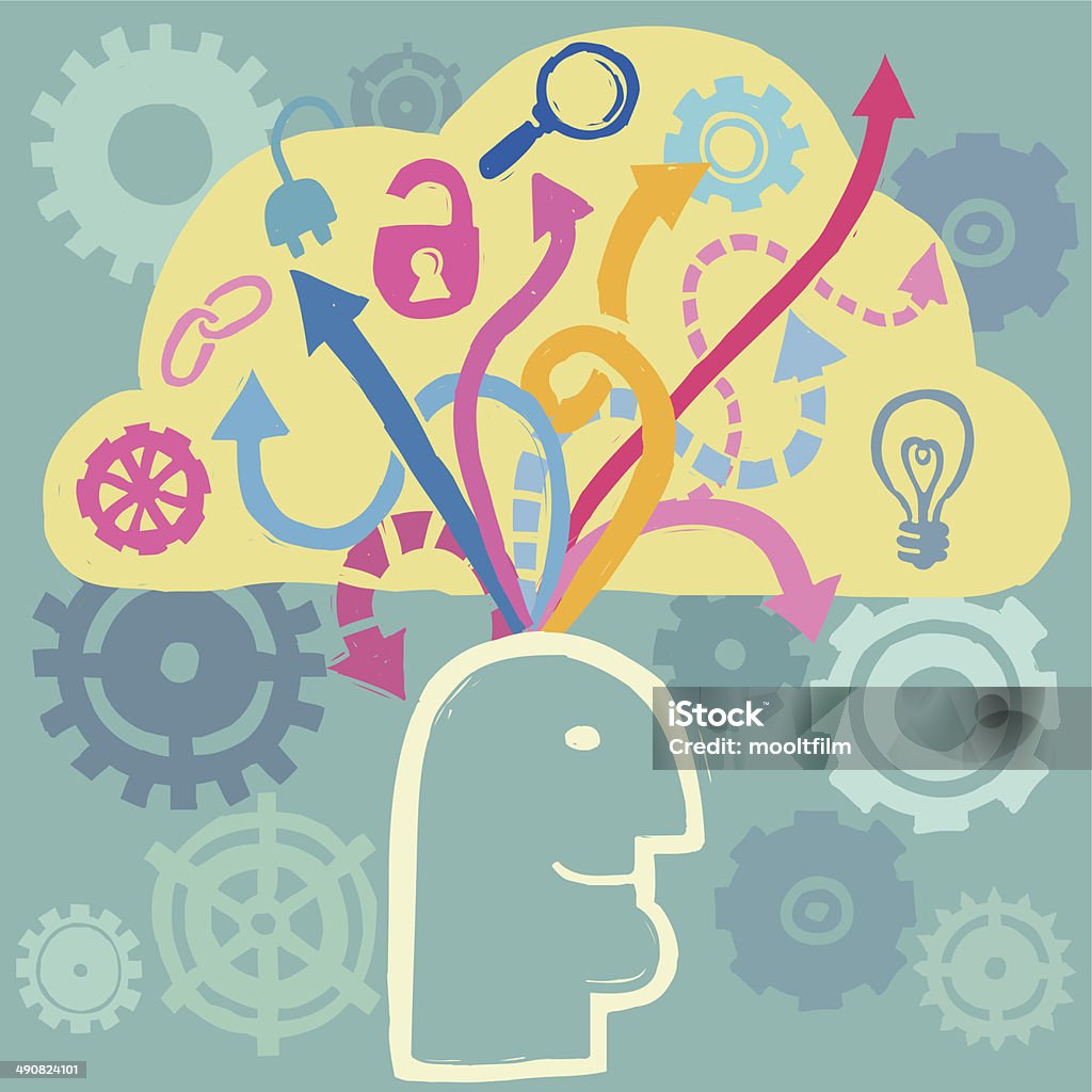 Brain work Concept of working mind. Human head, gears and arrows. Vector illustration, doodle sketchy style. Education stock vector