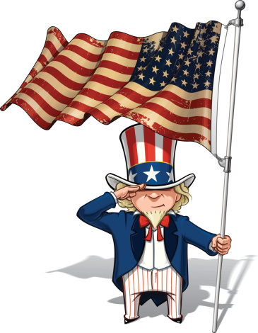 Vector Cartoon Illustration of Uncle Sam saluting and holding a 48 star American flag. This was the US Flag during both World Wars and the Korean war. Flag's texture and sepia color can be removed by turning the respective layers off.