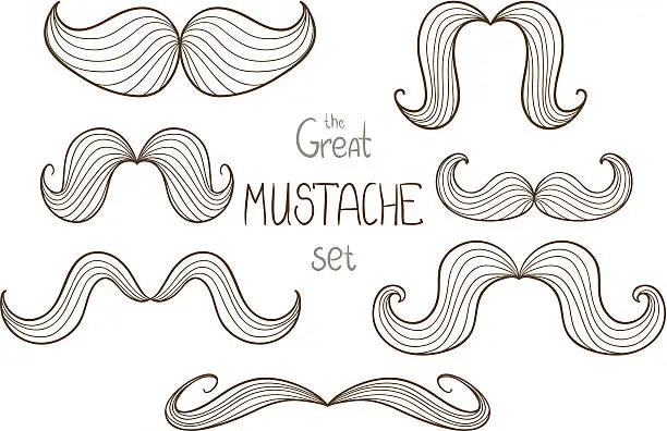 Vector illustration of Vector set of hipster mustache in line art.