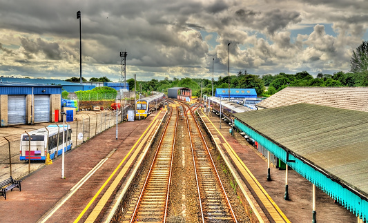 The view of the Midland Main Line, major railway line in England from London to Nottingham and Sheffield in the Midlands, near Milford village in Derbyshire, England.